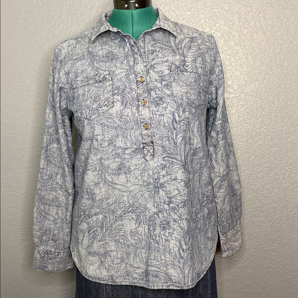 Liz Claiborne Blue Paisley Tunic Top Women’s LP Cotton Button Front Lightweight